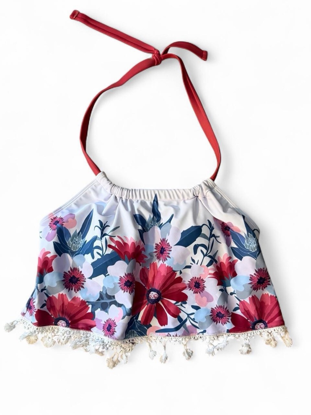 floral-print halter tankini top with pink straps and tassel hem